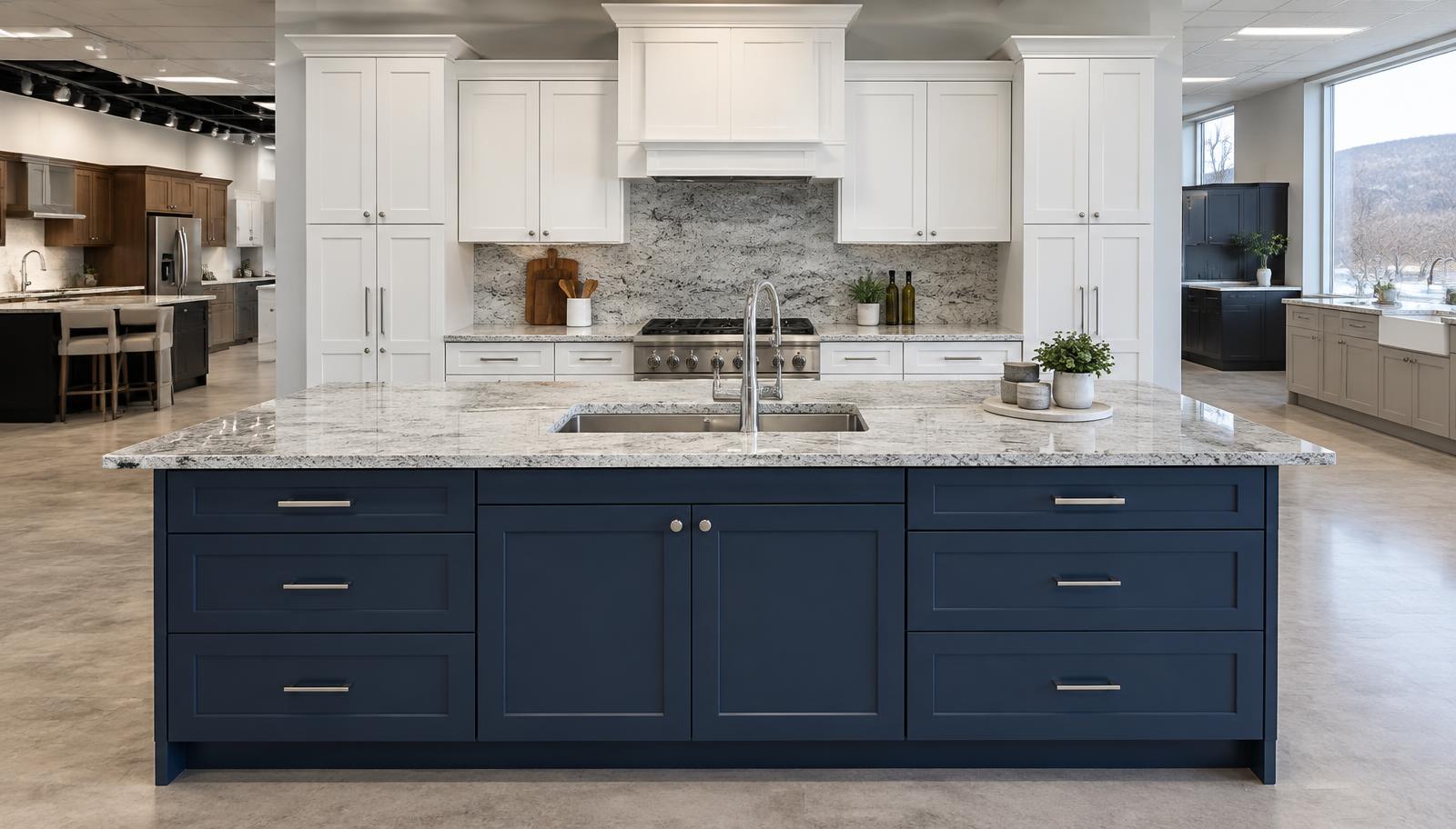 Illustrative kitchen cabinetry and granite display